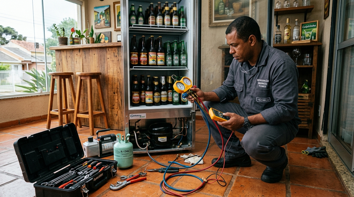 Técnico realizando manutenção de motor de cervejeira em Campos dos Goytacazes‑RJ