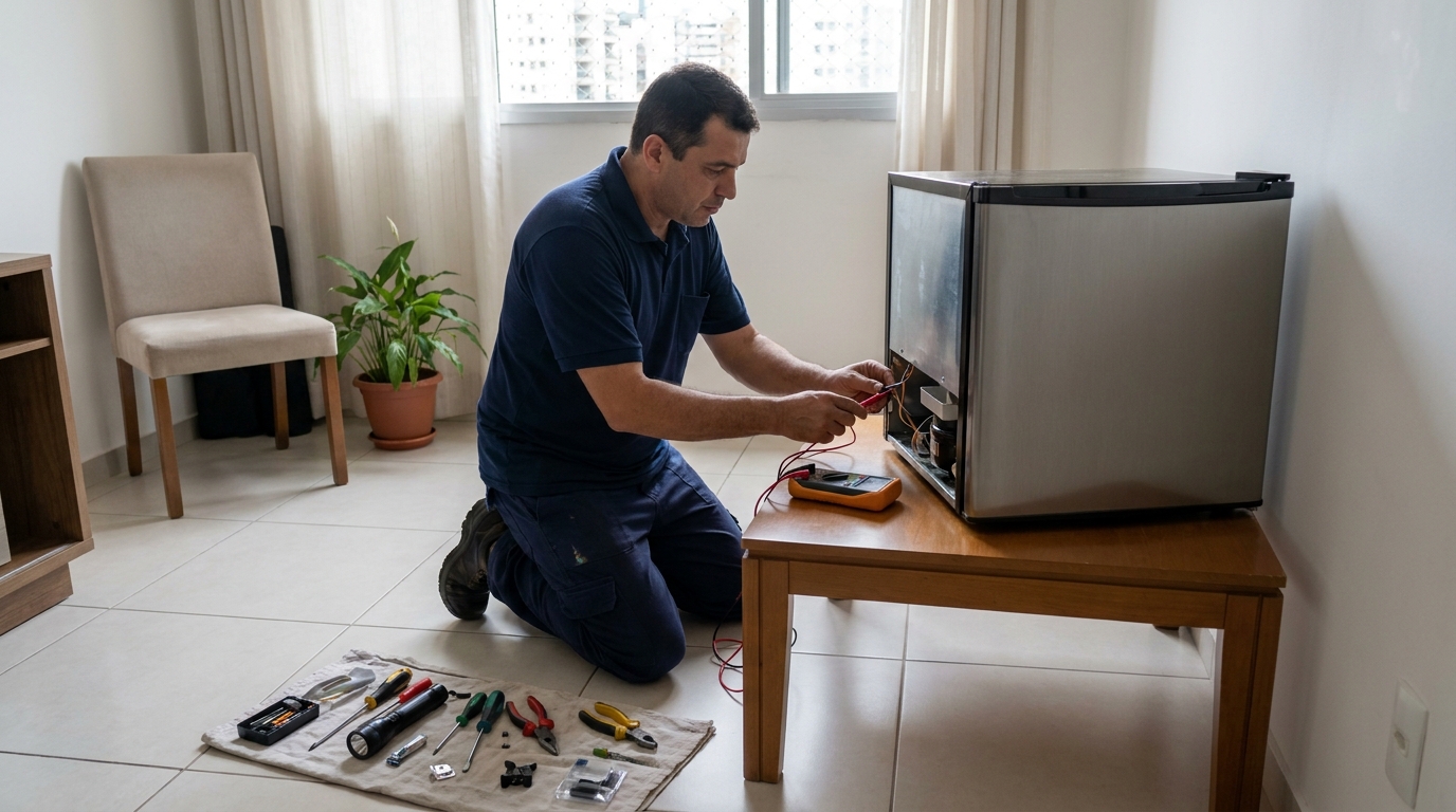 Técnico realizando manutenção de motor de frigobar em Campos dos Goytacazes‑RJ
