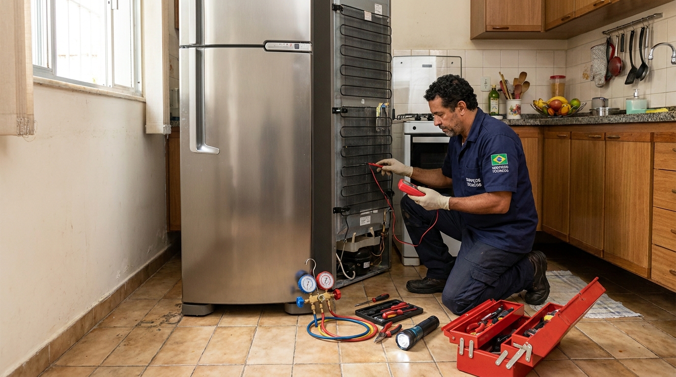 Técnico realizando manutenção de motor de geladeira em Campos dos Goytacazes‑RJ